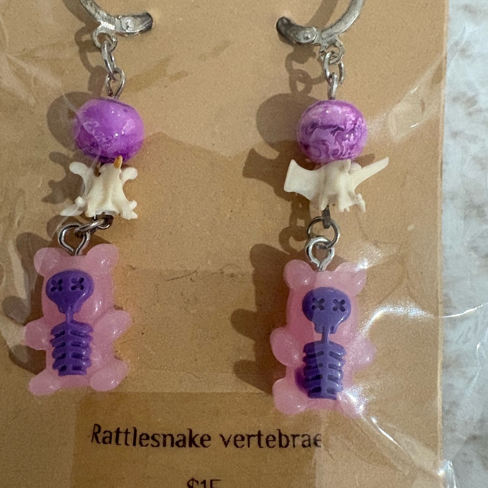 Purple and Pink Skeleton Bear  & Rattlesnake Vertebrae Earrings